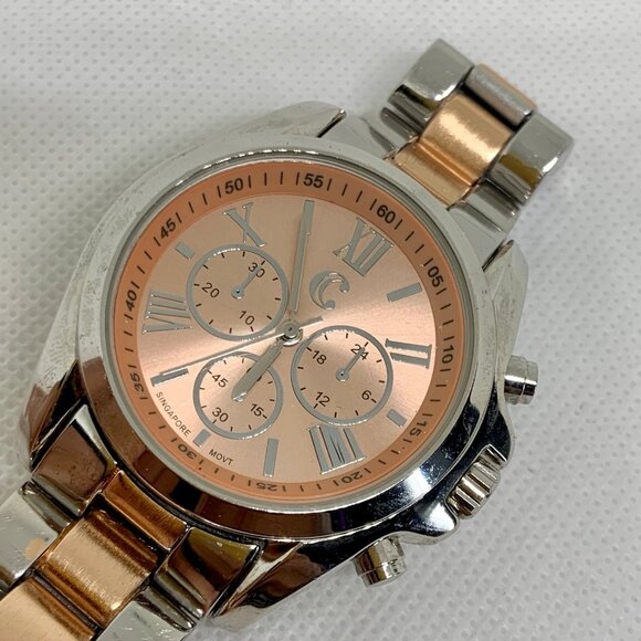 C silver gold tone watch quartz analog 42mm round pink dial links band running - Picture 2 of 9